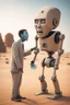 Placeholder: the AI robot showing surprise on his face expression and cover his mouth with his hand from human stupidity of a stone age man standing in front of him in the desert