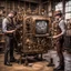 Placeholder: Steampunk engineers constructing a television set