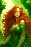 Placeholder: portrait of a goddess with long reddish curly hair, curvy body, earthbound, warm-hearted, green