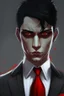 Placeholder: Realistic, red eyes, light skin, short black hair, red earring, suit and tie clothing, gloves on hand