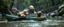 Placeholder: ancient bald fat ogre troll machete in huge kayak in stream