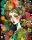 Placeholder: creative artistic modernist vibe, messy painterly, stylized illustration of a pale young woman with distinctive features, wearing a bold polka-dot outfit. She has extremely expressive eyes, sharp face, small nose and is adorned with oversized flowers in her hair. A delicate bird with intricate patterns is perched in her shoulder. bright accents color scheme with textured backgrounds. Overall style is painterly creative artistic modernist with a touch of whimsy vibe.