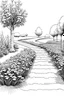 Placeholder: a garden in lenght view. draw in black and white. High details. A gravel path along left side. Small water in the middle