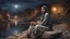 Placeholder: Hyper Realistic Sad-Young-Beautiful-Pashto-Woman sitting on a stone riverside at dark-village-night