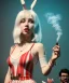 Placeholder: Ultra realistic photographic party portrait, sound club, wide-angle lens, couple, cinematic, happy blonde woman smoking a shisha pipe, accompanied by big white rabbit friend, hot, circus dress style, marihuana plants, color smoke, soft color, highly detailed, unreal engine 5, ray tracing, RTX, lumen lighting, ultra detail, volumetric lighting, high definition.