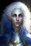 Placeholder: Female elf twilight cleric in a silver robe with blue curly hair and golden eyes