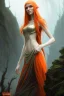 Placeholder: painting of a tall elven young woman with short light orange hair and freckles on the cheak bones and tall body of a topmodel light clothes, long shot, ultra realistic, concept art, intricate details, eerie, highly detailed, photorealistic, octane render, 8 k, unreal engine. art by artgerm and greg rutkowski and charlie bowater and magali villeneuve and alphonse mucha