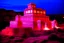 Placeholder: A pink light glowing monastery designed in Navajo baskets painted by Frank Lloyd Wright