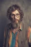 Placeholder: Hippie bohemian young ugly man with Parisian bohemian look and glasses of colours and poor and short short short and poor hair on the head with receding hairline. Farsightedness glasses with big eyes. Long beard. Vintage look and feel like photo styleof the 70s