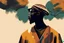 Placeholder: Design, African man, oil painting, featureless, graphic, drawing without facial features, background, sky, trees, traditional clothes