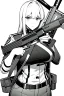 Placeholder: military girl takes out pistol, greyscale