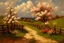 Placeholder: Clouds, spring trees, little pathway, fence, flowers, otto pippel impressionisn painting