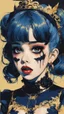 Placeholder: Poster in two gradually, a one side malevolent goth vampire girl face and other side the Singer Melanie Martinez face, full body, painting by Yoji Shinkawa, darkblue and gold tones,