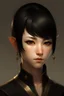 Placeholder: elven woman, short black pixie hair with sideswept bangs, sharp golden eyes, Japanese clothing, pointy ears