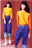 Placeholder: year 1996 denim fashion. Loose fit, low waist. Colors: denim blue, blue, purple, khaki, light green, lilac, plum, orange, terracotta, red, light yellow, lion yellow, pink, dark blue, beige. Women models.