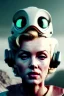 Placeholder: Ultra Realistic retro sci-fi scene, portrait, blonde woman, sweet young Marilyn Monroe face, perfect iris, tight latex coat, Strange planet background, Retro sci-fi style helmet, plants, birds, fog, rain, soft color, highly detailed, unreal engine 5, ray tracing, RTX, lumen lighting, ultra detail, volumetric lighting, 3d, finely drawn, high definition, high resolution.
