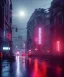 Placeholder: bright moonlight, circular white moon, 3D, beautiful, light reflecting, city, midnight, rainy night, neon