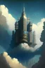 Placeholder: Enormous castle in the sky, ominously looming above in the style of art deco