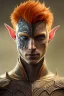 Placeholder: portrait painting of an elven young man with short light orange hair and freckles and tree tattoos on his cheekbones light armor, full body, ultra realistic, concept art, intricate details, eerie, highly detailed, photorealistic, octane render, 8 k, unreal engine. art by artgerm and greg rutkowski and charlie bowater and magali villeneuve and alphonse mucha