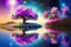 Placeholder: tree near the flowers, water reflection, galaxy, cosmos, science fiction