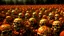 Placeholder: photorealistic, anatomically correct, various sizes, view of dozens of orange human skulls growing from a pumpkin vine in a large field, designed to look like a pumpkin patch, painted orange, growing off of a vine orange skulls, evil dead atmosphere, highly detailed, sharp focus, random two toned highlight, digital painting, artstaion, concept art, brooding, highly meticulous detail throughout image