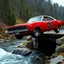 Placeholder: digital photograph, dramatic angle of dukes of hazard's 1969 red dodge charger with "01" on door jumping over a small river off a downed bridge