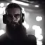 Placeholder: DJ cyborg bearded Christian Boshell with headphones. dystopian cyberpunk style similar to sin city, cinematic Fire theme art, Dark moody atmosphere, similar to a Michelangelo art direction, close-up face