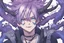 Placeholder: anime man with ram horns, fangs, messy purple hair and blue eyes