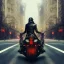 Placeholder: Fire head skeleton Rider wearing a black leather on black motorcycle in the middle of street rounded by high tower in a City