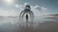 Placeholder: Wide-angle shot of a woman, standing to one side on a beach with huge waves, with dark hair in a silver robotic catsuit, many large Portuguese Man-of-War jellyfish floating high up in the air, masterpiece, best quality, super detailed