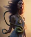 Placeholder: Holy Virgin, celestial light, beautiful, long fabric dress, beautiful long black hair to the waist, big snake resting on shoulders, holding snake, head and shoulders portrait, 8k resolution concept art portrait by Greg Rutkowski, Unreal Engine 5 volumetric lighting