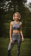 Placeholder: photography of a beautiful anorexic woman, grey satin triathlon top, sports illustrated, blond short wavy bob haircut, pronounced sternum, flat chest, anthracite cycling leggins