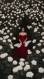 Placeholder: White wings, scissors, red dress in the middle of a field of white roses. Cinematic photo from above