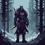 Placeholder: a dark hero charachter, wearing a dark mythic armour, sci fi weaponsied, with swords and guns, walking through cold and windy forest region, dramatic, retro pixel art style, head portrait, side