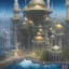 Placeholder: landscape, a mosque on the river, anime art, a future city, Quran, a plane view, and cinematic license.