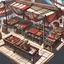 Placeholder: Generate an image of a market stall featuring hunting equipment such as bows, meat, animal hide, arrows and bolts., but without including the merchant. The perspective should be from above, artwork, painting, dnd