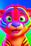 Placeholder: 3d Cartoon, ultra quality. hyper realistic, low smiling, Pixar style, Rambow color background, highlight, details.4k, colorful, dreamy shiny background, cute baby tiger. low smiling. look to camera.