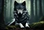 Placeholder: sad small scruffy wolf wearing a silver collar around its neck laying down eyes closed, photorealistic, dark fantasy, forest