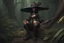 Placeholder: caricature, evil, dark arts, intricately painted, scariest female witch of the world, set in a jungle, (holding a machete:1.6), giant boots, punk, worn, bokeh, Low DOF, 16k, trending on artstation.