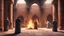 Placeholder: Hyper Realistic back-view of few men killing a man praying namaz with a sword in prehistoric-ancient-brick-mosque-with-ancient-islamic-architectural-patterns-crafted & flame-torches-on-wall showing dramatic & cinematic ambiance