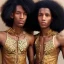 Placeholder: Twins only, black skin, tall and slender, long afro kinky hair,slanted almond shaped dark brown eyes, warrior wear. Gold accents,