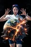 Placeholder: An image of a young Korean woman with a surprised expression, holding her hands up as if she is reacting to a catastrophic event in front of her. Film, cinematic, realistic, extreme depth of field, She is wearing a white blouse with detail, blue shorts, and sunglasses pushed up onto her head. In front of her, there is a highly detailed planet resembling Earth, dramatically cracking and breaking apart with fiery explosions and molten lava visible at the fractures. The background is stars/
