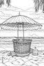 Placeholder: Outline art for coloring page, LARGE PICNIC BASKET WITH HANDLES UNDER A BEACH UMBRELLA ON A HAWAII BEACH, coloring page, white background, Sketch style, only use outline, clean line art, white background, no shadows, no shading, no color, clear