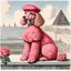 Placeholder: Vintage drawn illustration of a pink pink poodle with roses wearing a beret and smoking a cigarette on the rooftop of the Louvre, french illustration, storybook illustration, aubrey Beardsely, art deco motifs, highly detailed, color pencils, soft, vogue, french cartoon, editorial drawing,