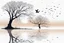 Placeholder: Illustration of a lonely dark tree with barren branches stands on a water's edge, reflected in the water, fog, crows on the sky, mystical landscape, sinister mood, line art