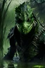 Placeholder: 10k hyper realistic detailed Reptile the masked green reptilian ninja assassin using his poisonous claws and camouflage to hunt (mortal Kombat) in a dark swamp emerging from muddy swampwater