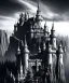 Placeholder: A large dark castle sitting on a cliffs edge ,black and white, horror