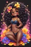 Placeholder: A sassy thick-lined airbrushed cartoon black chibi girl lounging lazily on her side, surrounded by colorful flower petals. She has a golden lion tail curling playfully behind her curvy body. Looking up coyly, she grins widely, showing teeth. Her poofy hair forms a mane framing her confident, regal expression.