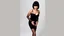 Placeholder: Louise Brooks, dressed in stockings and stilettos, with a black bob hairstyle with bangs and dark sultry eyes and red lips, standing with hands on bips, smiling.