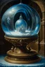 Placeholder: Beautiful old 1800's style oil painting, intricate beautiful detail of the highest grade, within an ice palace Santa inside crystal globe resting on an icy pedestal,, no flaws, perfect proportions, no hands